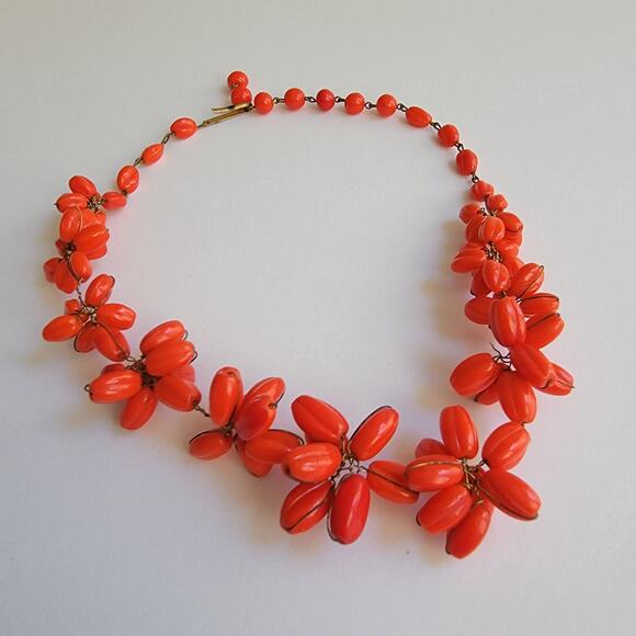 Red Flower Necklace - Vintage Beads - Signed M. West Germany - Picture 4 of 9